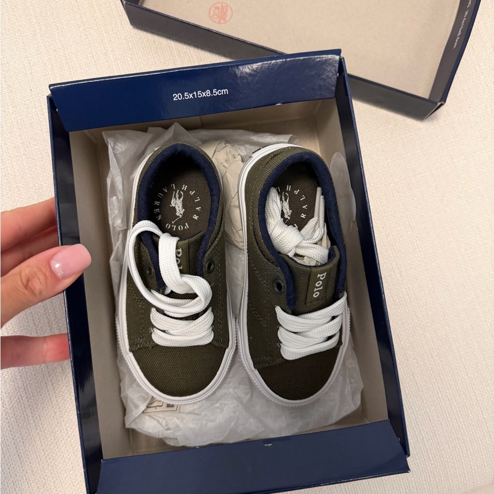 Ralph Lauren Olive Green Canvas Kids Sneakers with White Laces